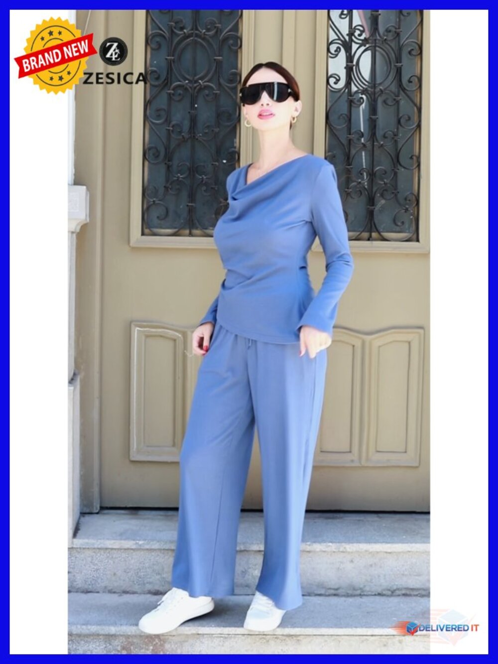 Women's Lounge Set 2 Piece Matching Outfit Long Sleeve V Neck Top Wide Leg Pants - Picture 6 of 6